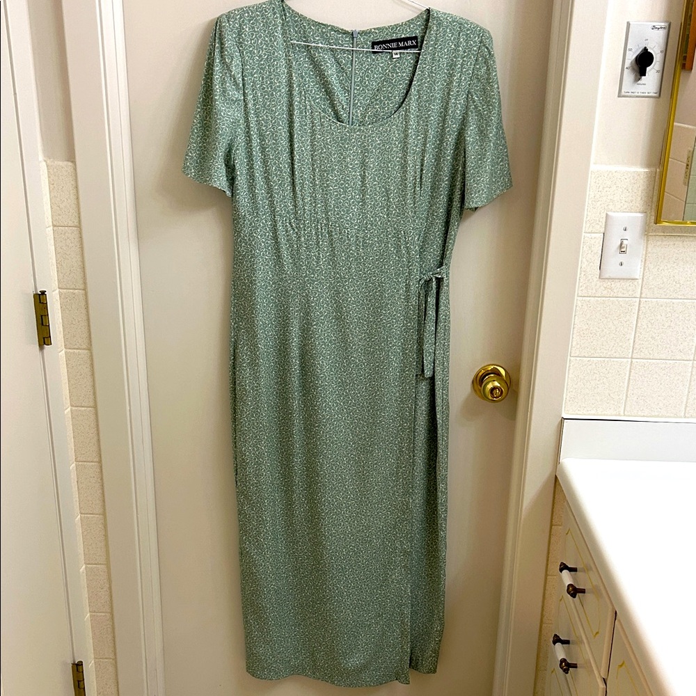 Donna Morgan Sage Green Midi Wrap Dress with Side Tie